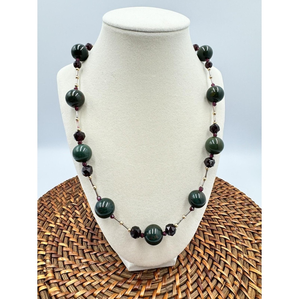 Vintage Bloodstone Green Red Round Stone Purple Faceted Glass Bead Boho Necklace